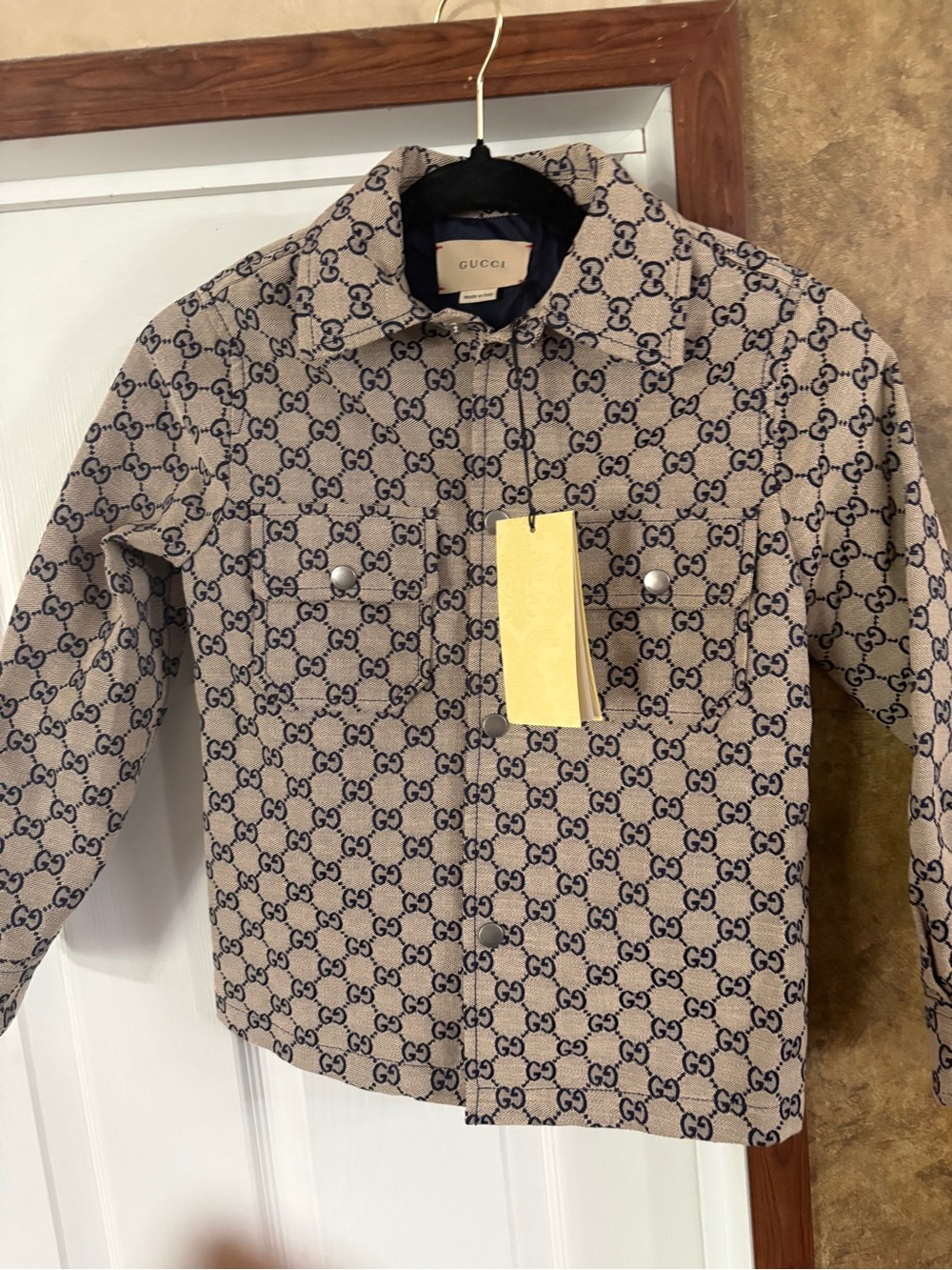Gucci Beige and Navy GG Monogram Button-Front Shirt/Sweater